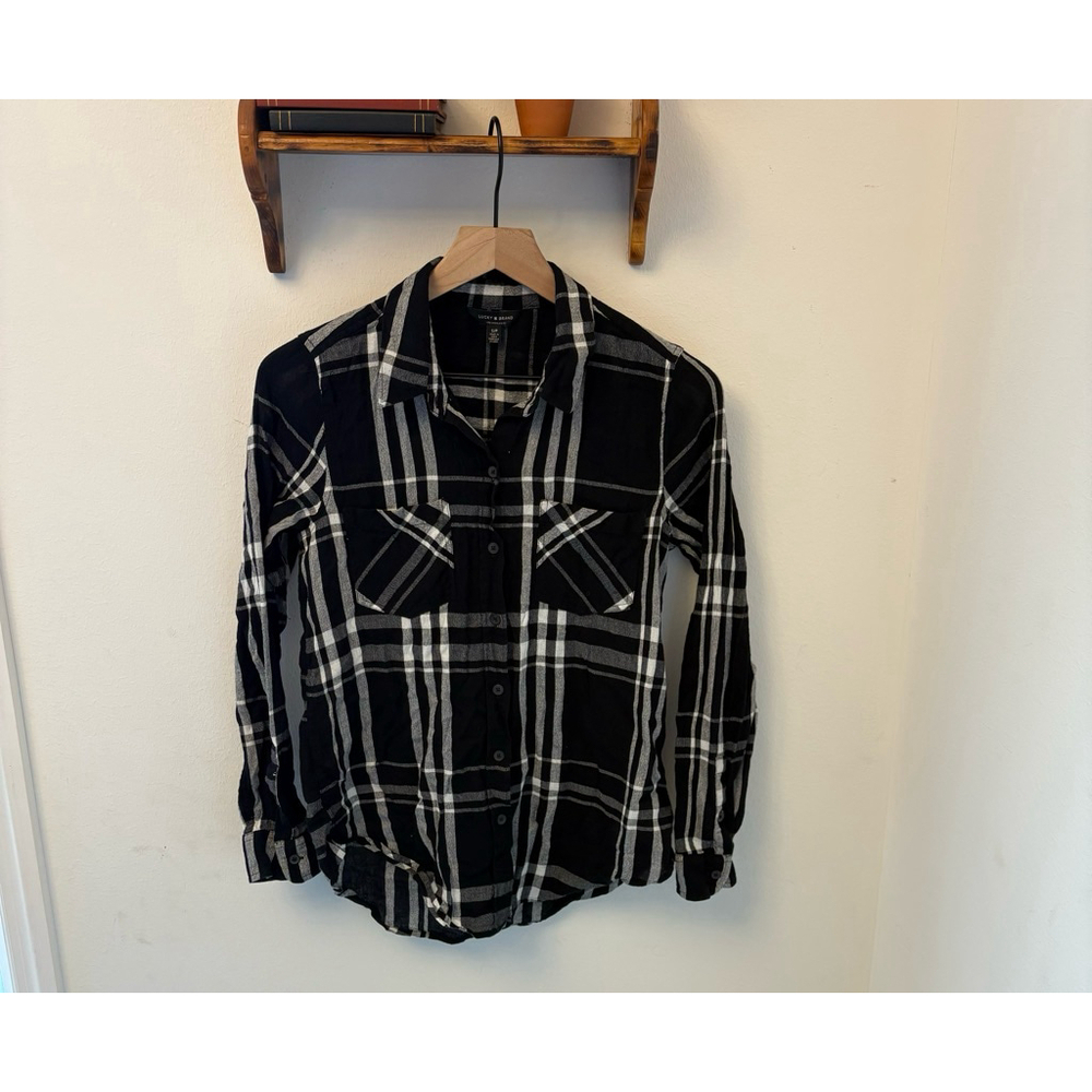 Lucky Brand Black White Plaid Button Down Shirt Size Small Classic Check